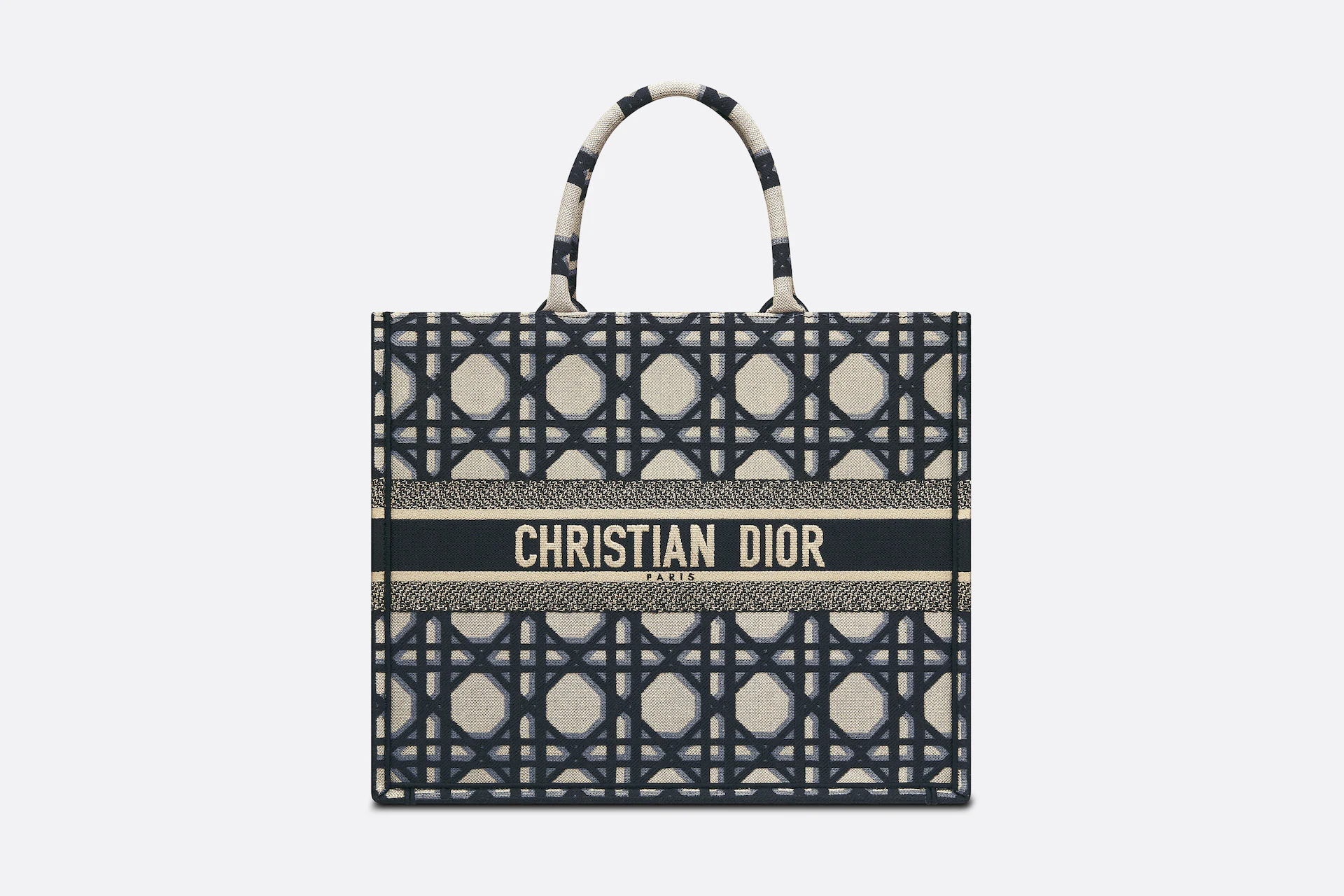 DIOR / LARGE DIOR BOOK TOTE Beige and Blue Macrocannage Embroidery (42 x 35 x 18.5 cm)
