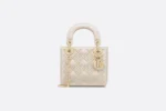 DIOR / MINI LADY DIOR BAG Latte Crinkle-Effect Lambskin with White Resin Half-Pearl Cannage Motif M0505OWFX_M941