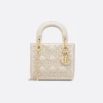DIOR / MINI LADY DIOR BAG Latte Crinkle-Effect Lambskin with White Resin Half-Pearl Cannage Motif M0505OWFX_M941