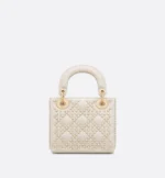 DIOR / MINI LADY DIOR BAG Latte Crinkle-Effect Lambskin with White Resin Half-Pearl Cannage Motif M0505OWFX_M941 - Image 3