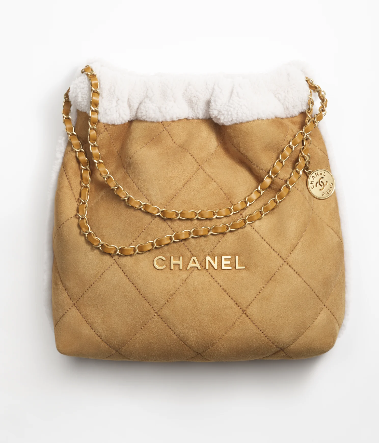 CHANEL / CHANEL 22 HANDBAG Shearling Suede Lambskin & Gold-Tone Metal Beige & White